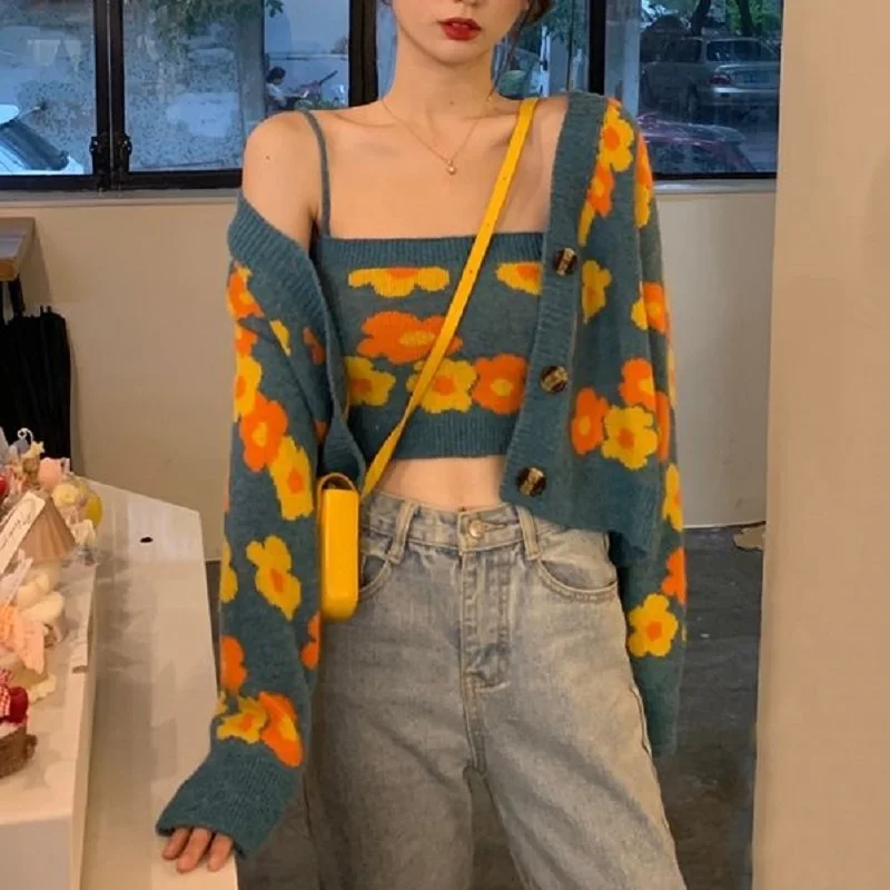 

Deeptown Korean Style Knitted Cardigan and Vest Sweater Women Lazy Wind Short Sweet Girl Flower Print Autumn Loose Jumper Female