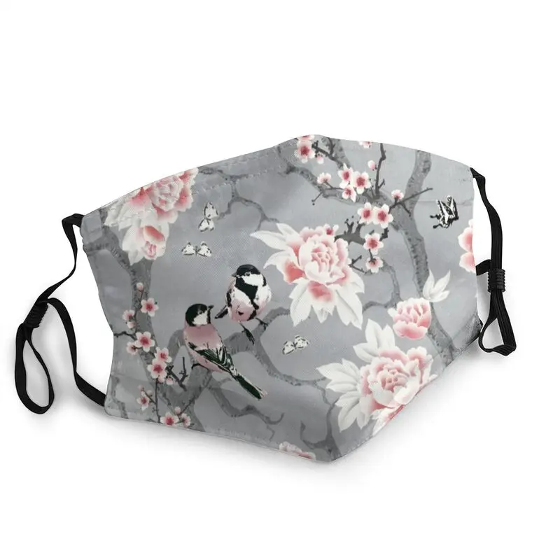 

Моющаяся китайская маска для рта с птицами в сером цвете, маска с пионами для мужчин и женщин, Пыленепроницаемая маска для рта