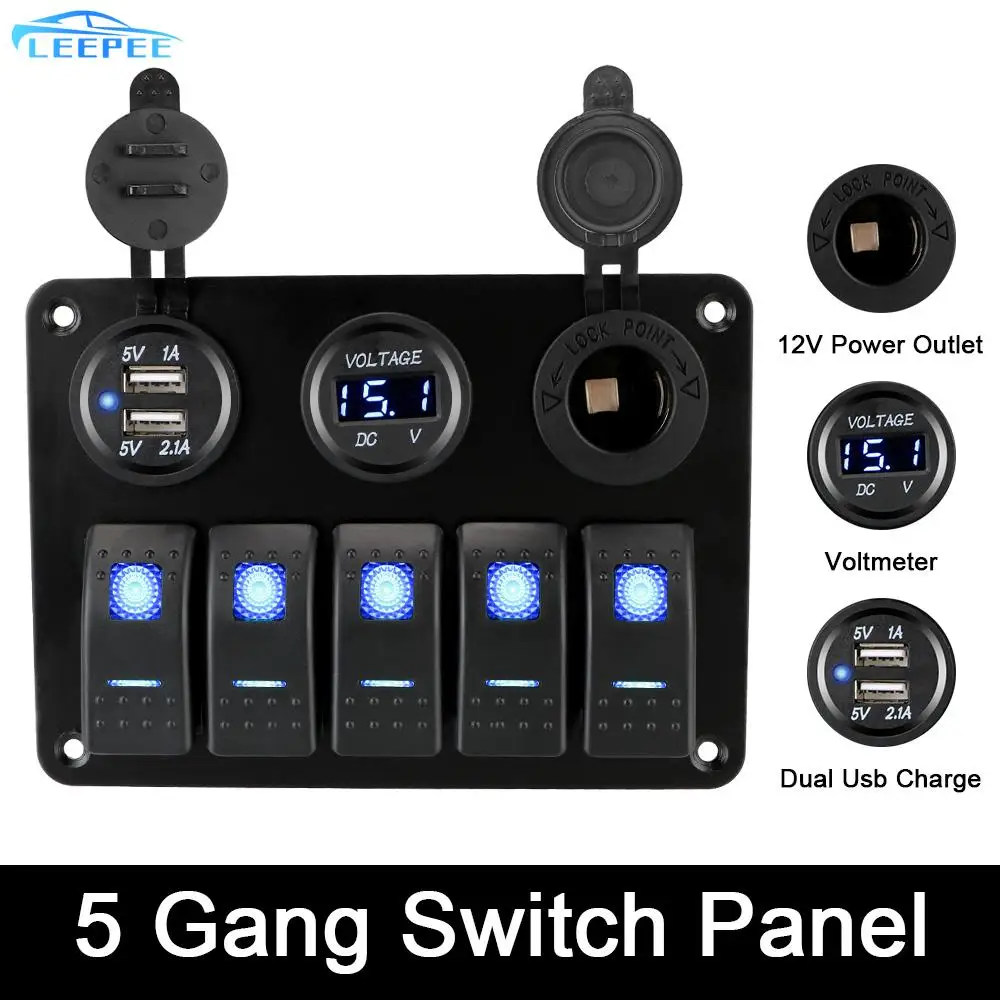 

12/24V Outlet Combination Digital Voltage Dual USB Slot Socket 5 Gang LED Rocker Switch Panel for Marine Car Rv Vehicles Truck