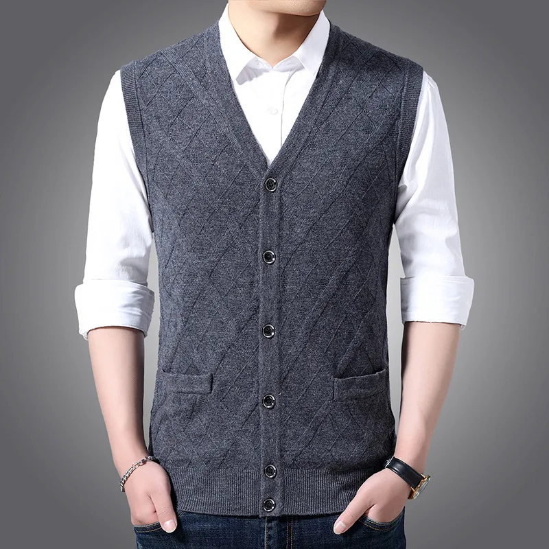 

2020 autumn youth cardigan vest solid color jacquard knitted vest sleeveless casual real pocket waistcoat business vest dad suit