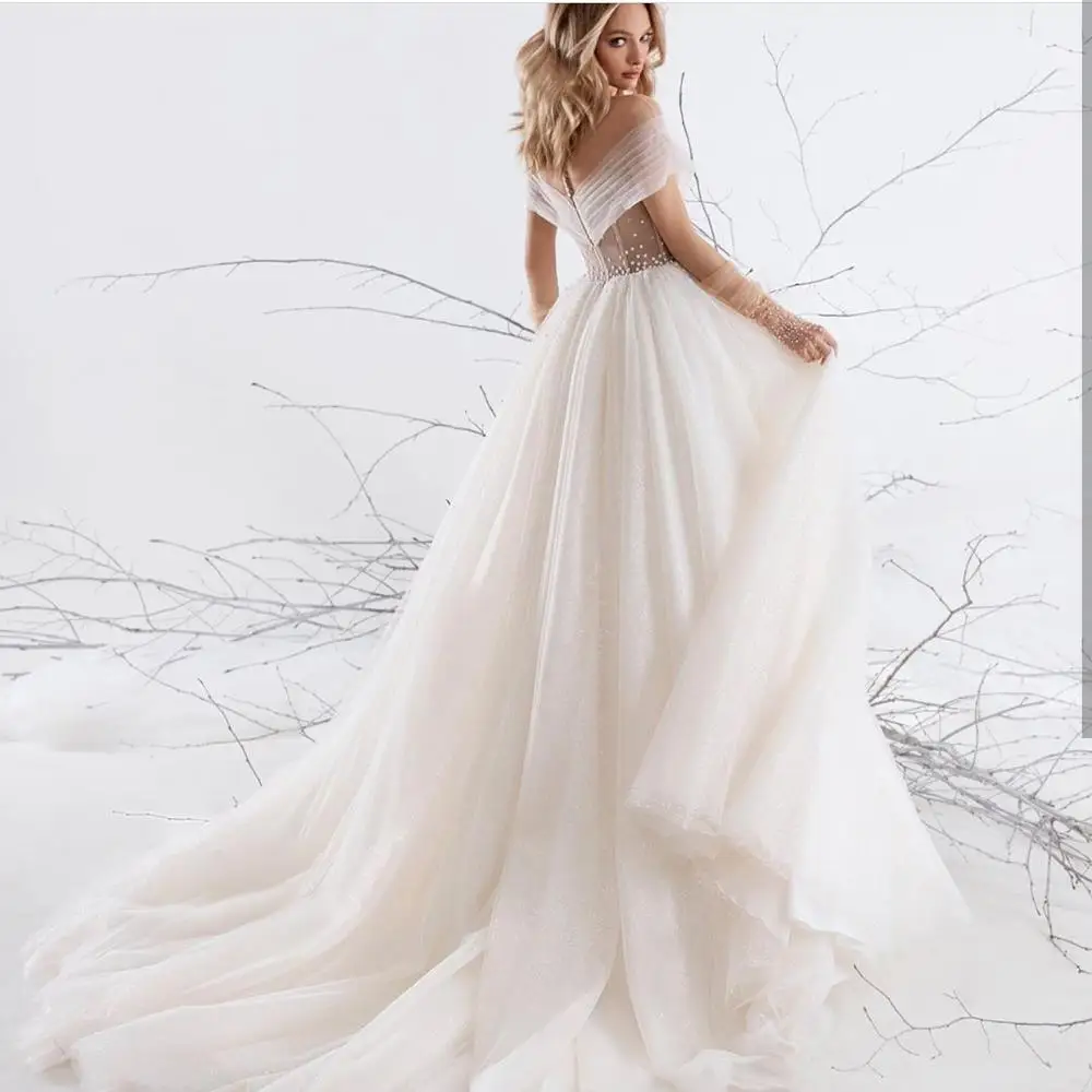 Свадебное платье 2021 ТРАПЕЦИЕВИДНОЕ принцессы с рукавами-крылышками Шлейфом Тюль