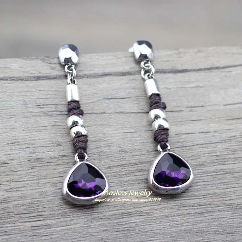 Purple Anslow модные ювелирные изделия Ретро веревка ручной работы уникальный дизайн сердце кристалл для женщин Висячие серьги на день рождения Валентина LOW0025AE - Окраска металла: Purple
