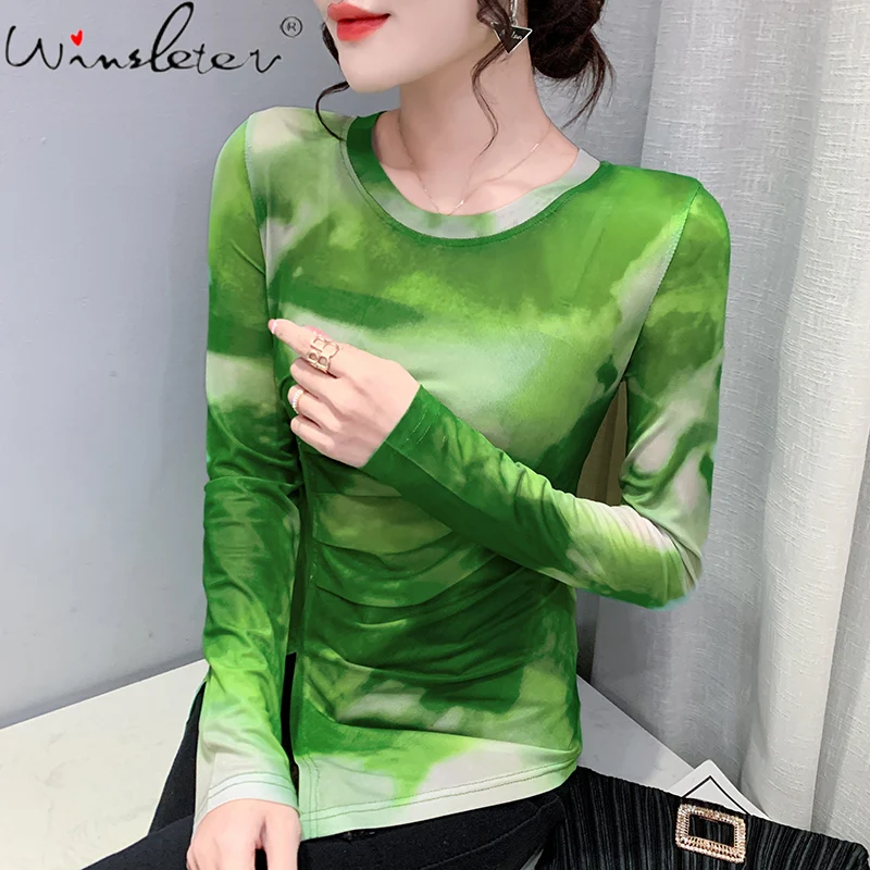 

MadBlack Spring Fall Mesh T-Shirt Chic Sexy Drape Irregular Fork Print Elegant Women Tops Lady Long Sleeve 2022 New Tees T1D605A