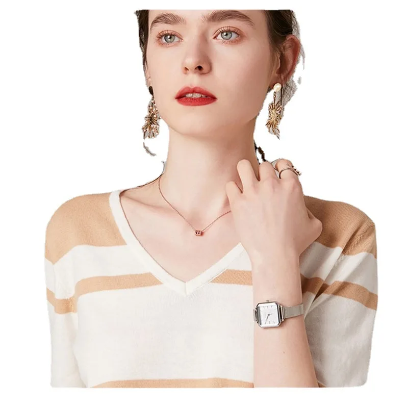 

Spring 2021 New Women's T-shirt Short-Sleeved Shirt V-neck Fashion Inner Match Mixed Color Stripe Sweater