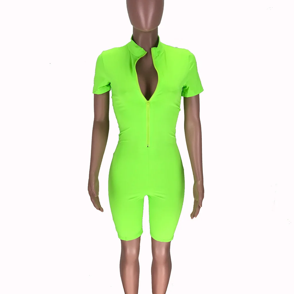 

Casual Sporty Active Wear Playsuit Biker Shorts Women Short Sleeve Skinny Rompers Womens Jumpsuit Zip Up Elastic Party Bodysuit