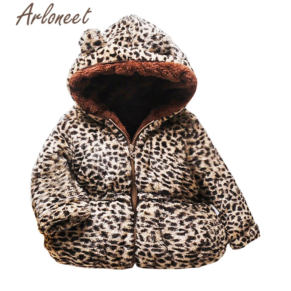 Детское пальто с капюшоном ARLONEET на молнии леопардовым принтом и плюшевой