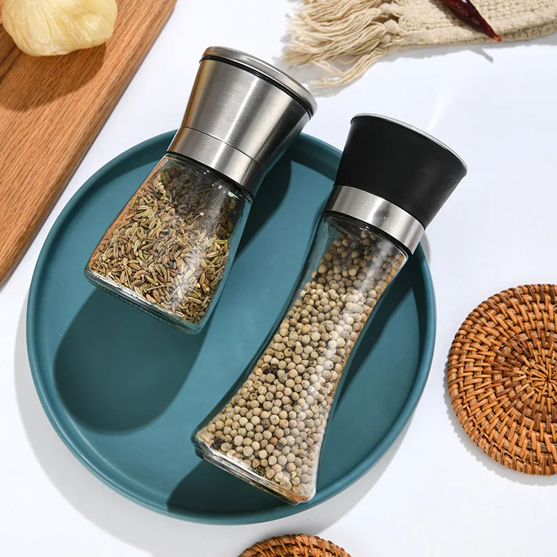 

2pcs Spice Mill Stainless Steel Glass Bottle With Shelf Adjustable Thickness Spice Storage Tank 2 in 1 Kitchen Gadget Grinder