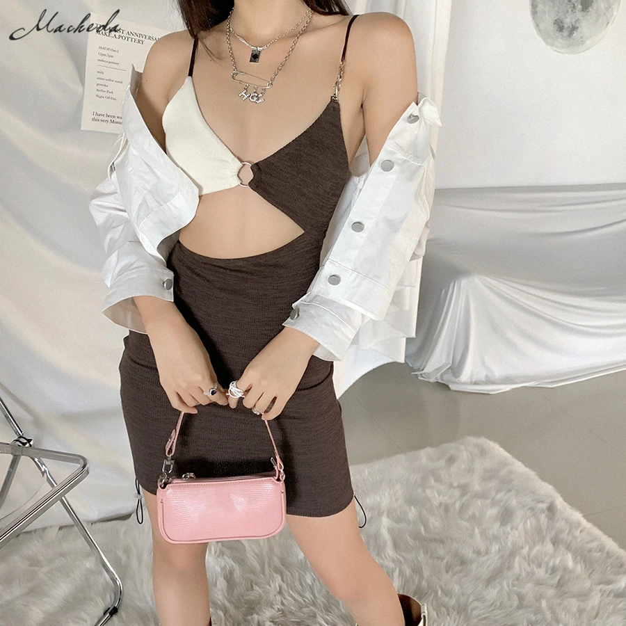 

Macheda Autumn Sexy Hollow Out Slim Sling Dress Women Fashion Sleeveless V Neck Clothing Lady Bodycon Mini Dresses 2020 New