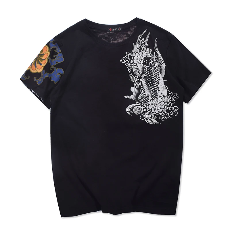 

Китайский летний 2020 стиль, футболка с вышивкой в виде карпа дракона тотема йокосуки, женские модные топы с круглым вырезом для влюбленных, ф...