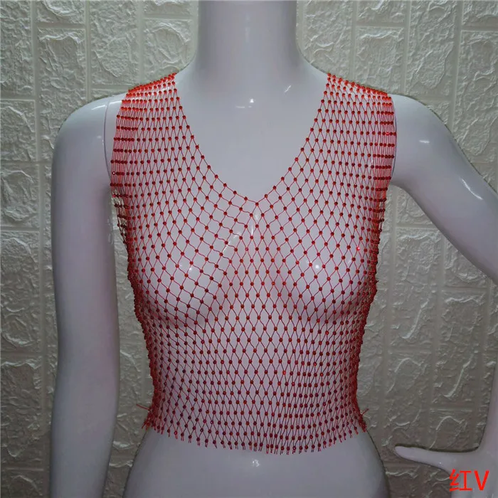 Red V-neck FestivalQueen Сексуальная Бриллиантовая сетка обрезанная майка женская летняя накидка бикини Прозрачная сетка со стразами вечерние клубный кроп-топ - Цвет: Red V-neck