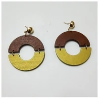 two tone natural wooden round earrings for women semicircle wood link earrings jewelry wholesale