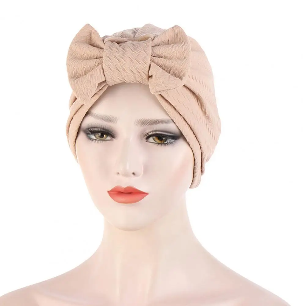 

Headscarf Cap Fashion Traditional Shirring Bowknot Decor Women Headscarf Cap for Daily Wear Head Wrap Turban Cap