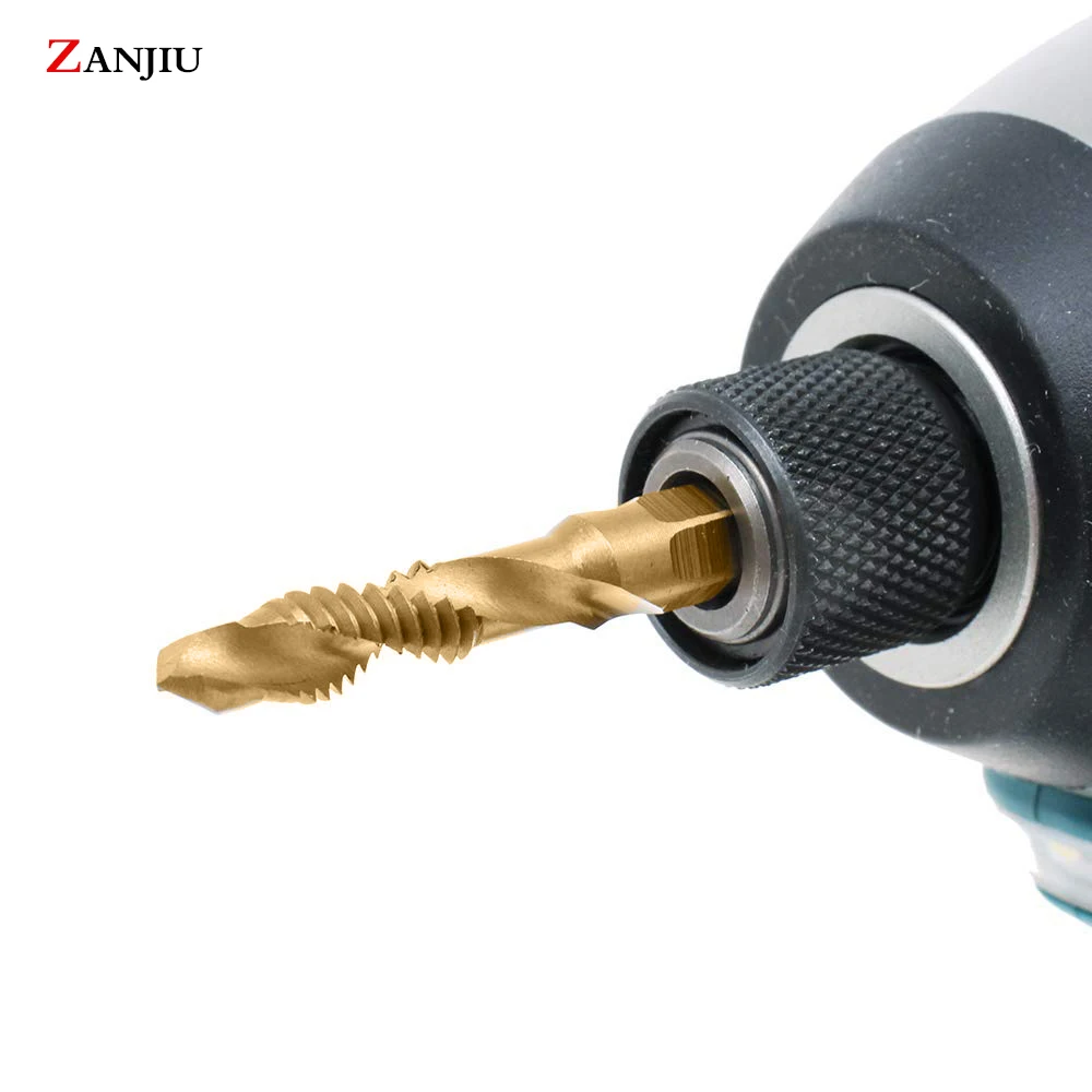 

6Pcs M3-M10 Hex Shank Titanium Plated 1/4in HSS Screw Thread Metric Tap Drill Bits Screw Machine Compound tap Hand Tools