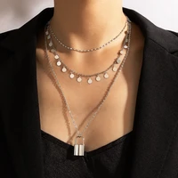 huatang punk lock pendant necklace for women multilayer silver color sequins tassel clavicle chain boho jewelry collier 18109