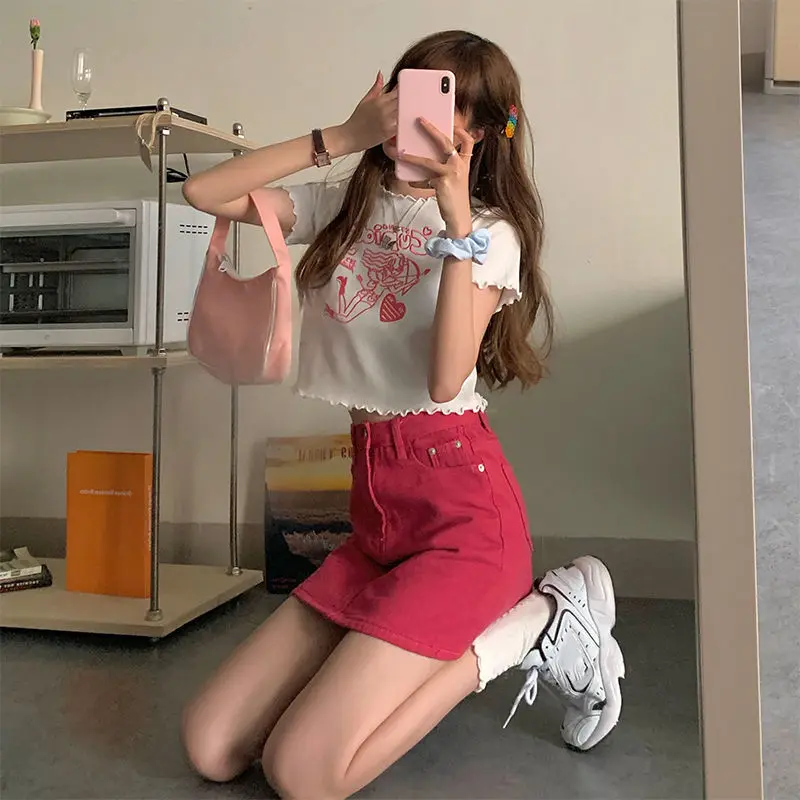 

HOUZHOU Women Denim Mini Skirts 2021 Spring Fashion High Waist Rose Red A-line Skirt Girls Y2K Streetwear Package Hip Jeans