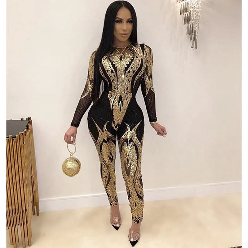 

Sexy Gold Sequin Jumpsuit Women Bodycon Overalls Glitter Bandage Jumpsuit Elegant Party Club Rompers Womens Jumpsuit Plus Size