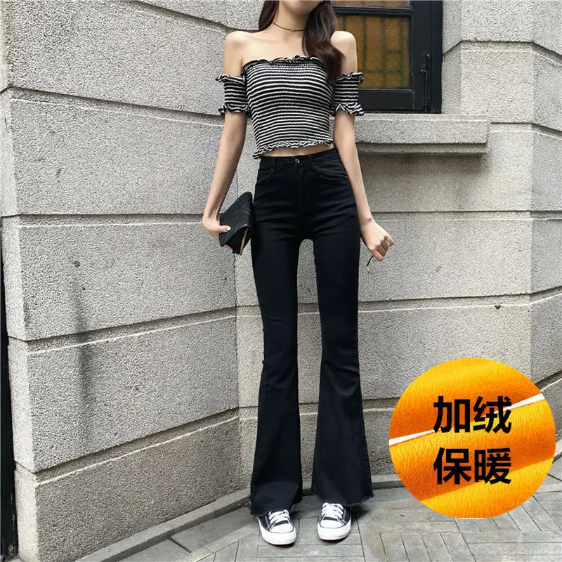 

Female Vintage Black Bell Bottom Jeans Women Elastic Skinny Flare Jeans Mom Slim High Waist Denim Tassel Ankle pants Streetwear