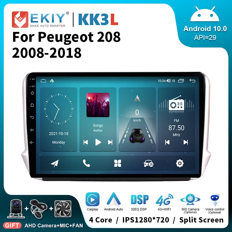 

EKIY KK3L Android стерео Автомагнитола для Peugeot 208 2008 2014-2018 1280*720P Мультимедийный видеоплеер Navi GPS Carplay головное устройство