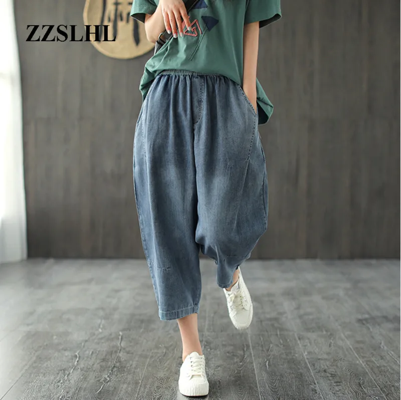 

Women Jeans 2020 New Summer Elastic Waist Loose All-match Denim Pants Ladies Casual pocket Vintage Denim Trousers