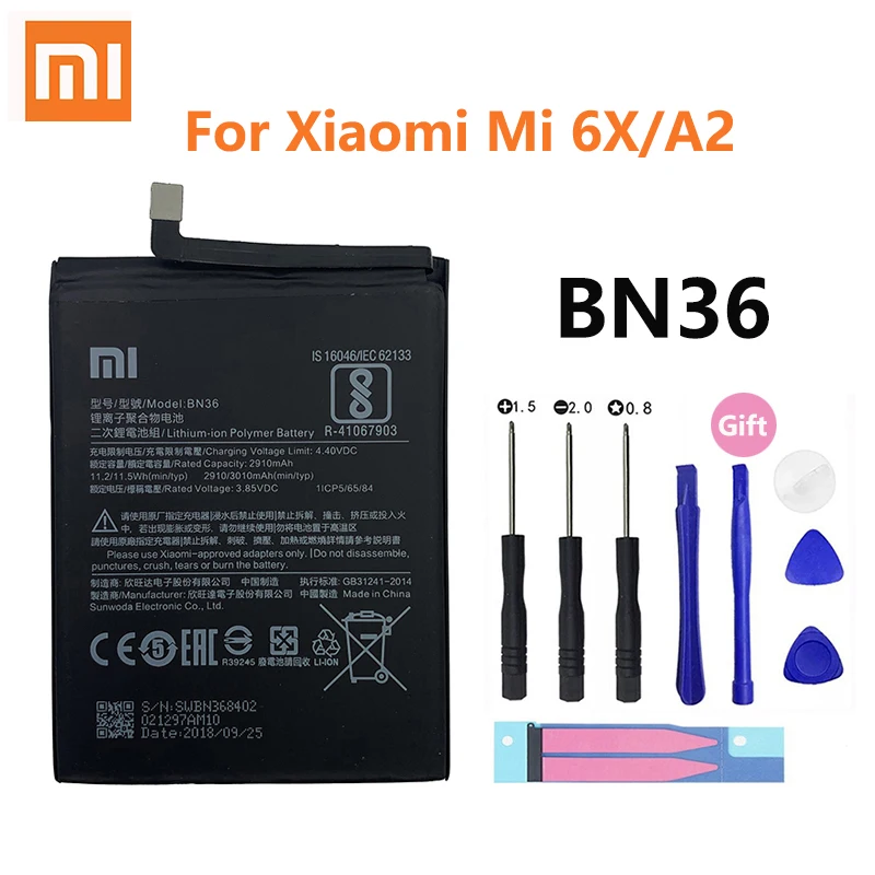 

Оригинальный аккумулятор для телефона Xiao Mi BN36 для Xiaomi 6X A2 Mi6X MiA2 M6X MA2 высококачественные сменные батареи для телефона 3010 мАч