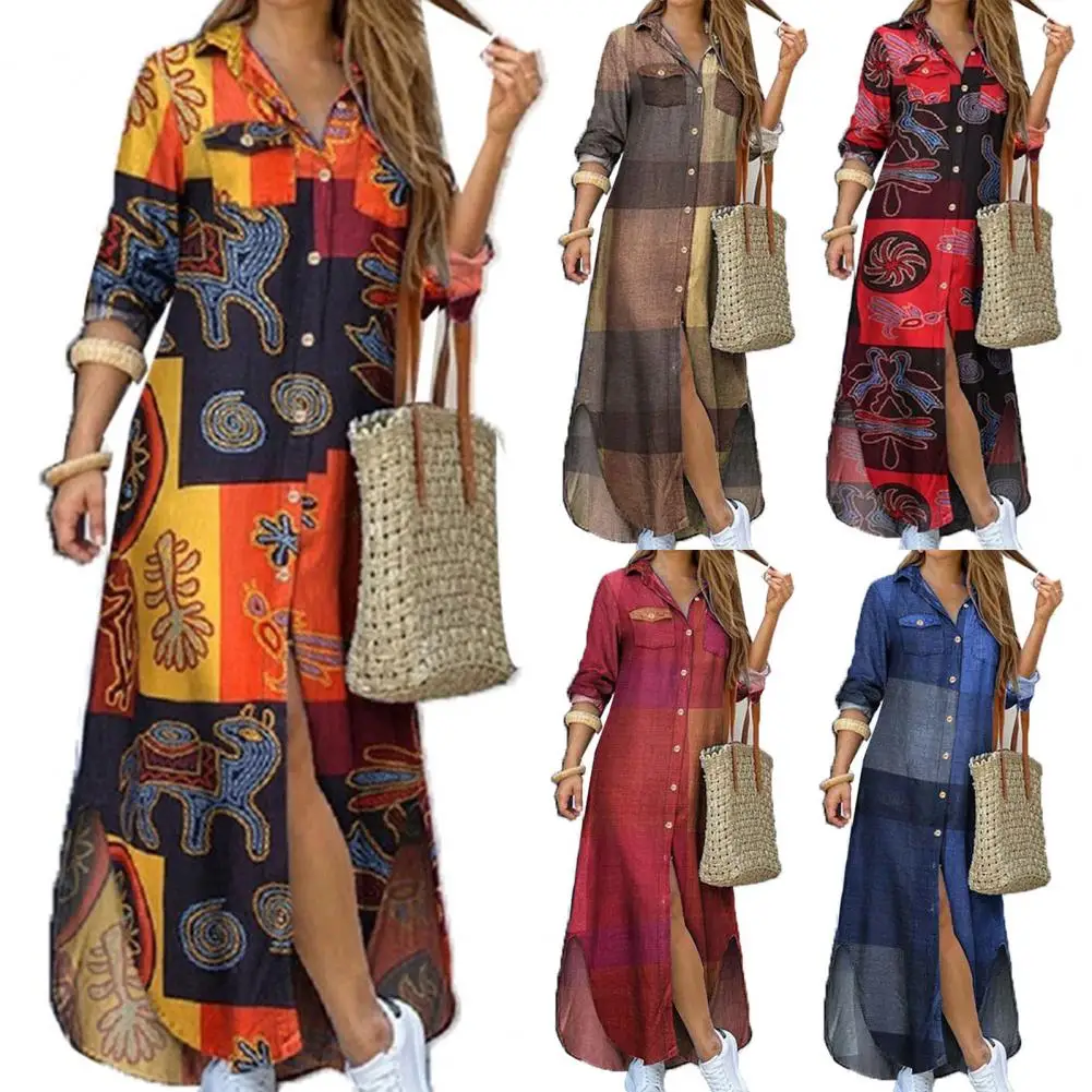 

Casual Trendy Long Sleeve Printed Buttons Maxi Dress Streetwear Shirt Dress Turn Down Collar for Shopping