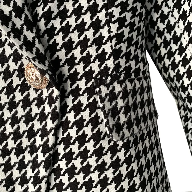 HarleyFashion Autumn Spring High Quality Women Casual Slim Blazer Metal Buttons Houndstooth Print Blazers | Женская одежда
