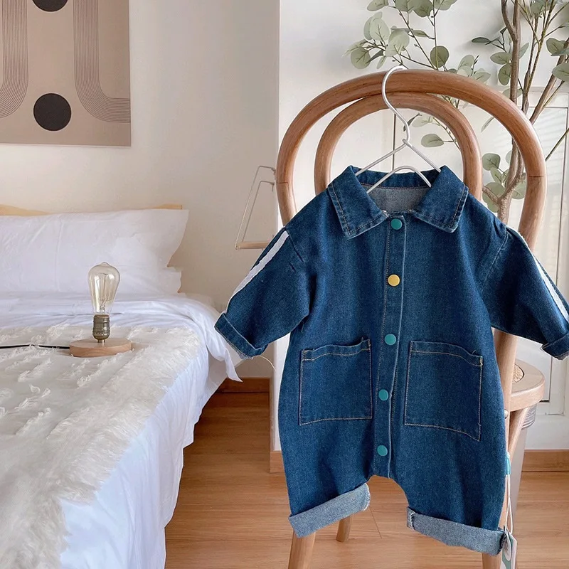 

Boys and Girls Baby Net Red Baby Clothes Denim One-piece Outing Clothes Tooling Climbing Clothes Newborn Spring Romper