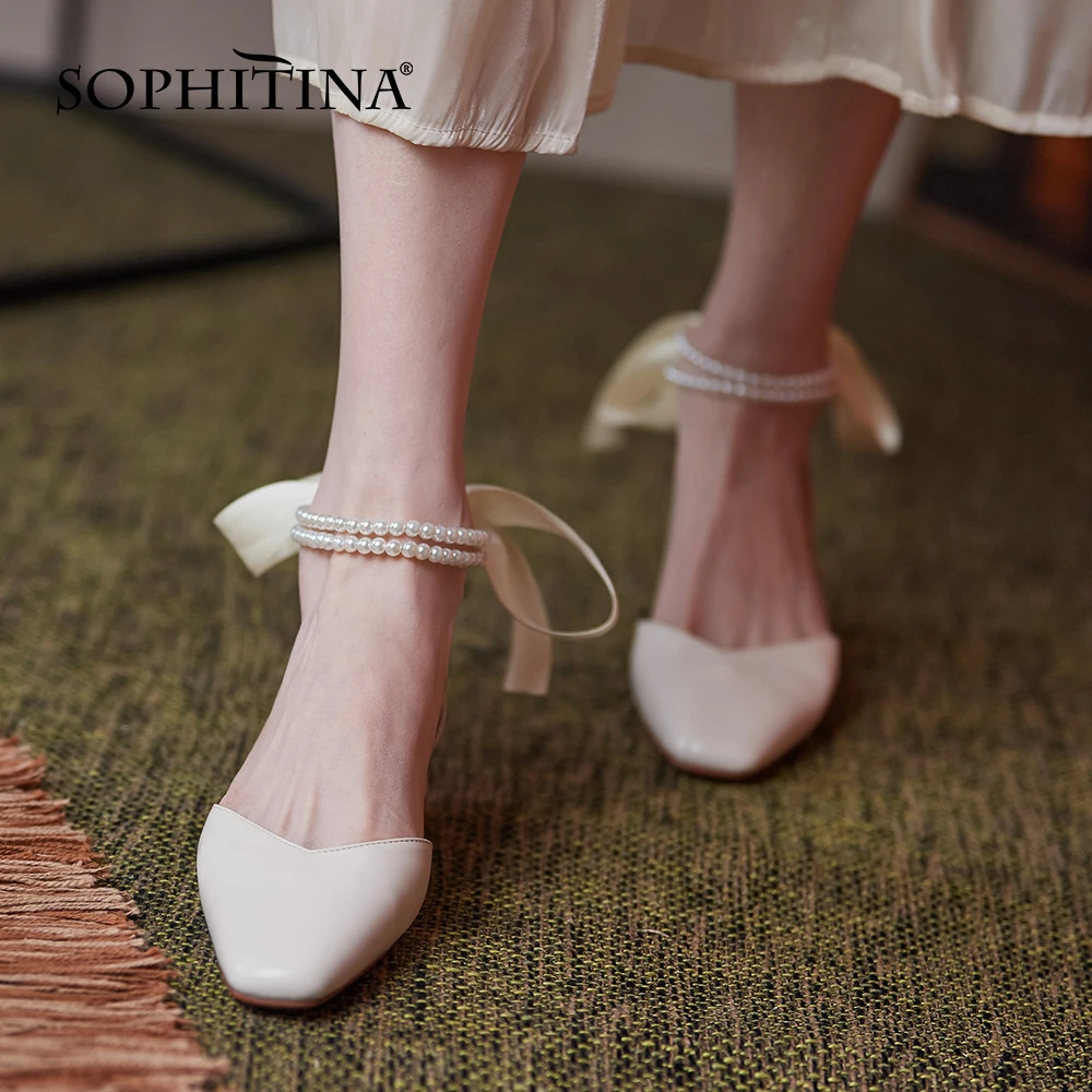 

SOPHITINA New Female Pumps Luxury Beaded Lace-Up Butterfly-knot Sweet Shoes TPR Small Square Toe Side Hollow Women's Shoes AO799