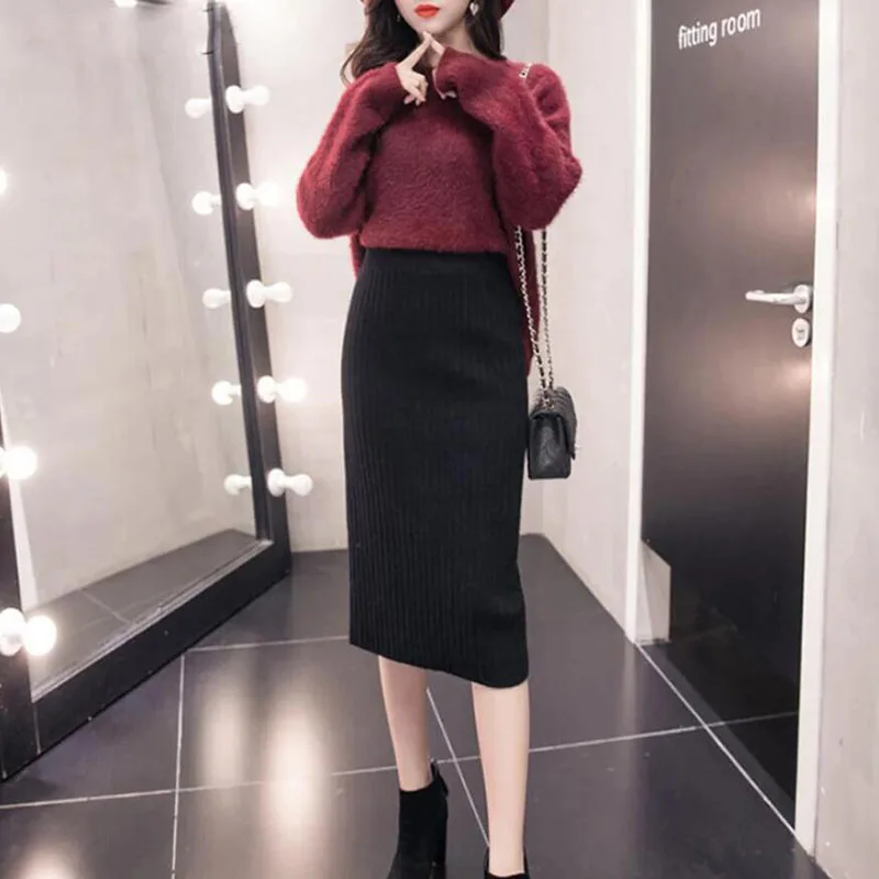 

Elastic Women Knitted Skirt 2021 Autumn Winter New High Waist Midi Bodycon Sexy Split Pencil Skirt Warm Ladies Office Skirt