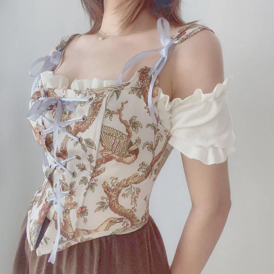 

2022 Sexy Designer Vintage Print Halter Tops Women Chic Bandage Floral Corset Shirts Female High Street Party Club Ladies Top
