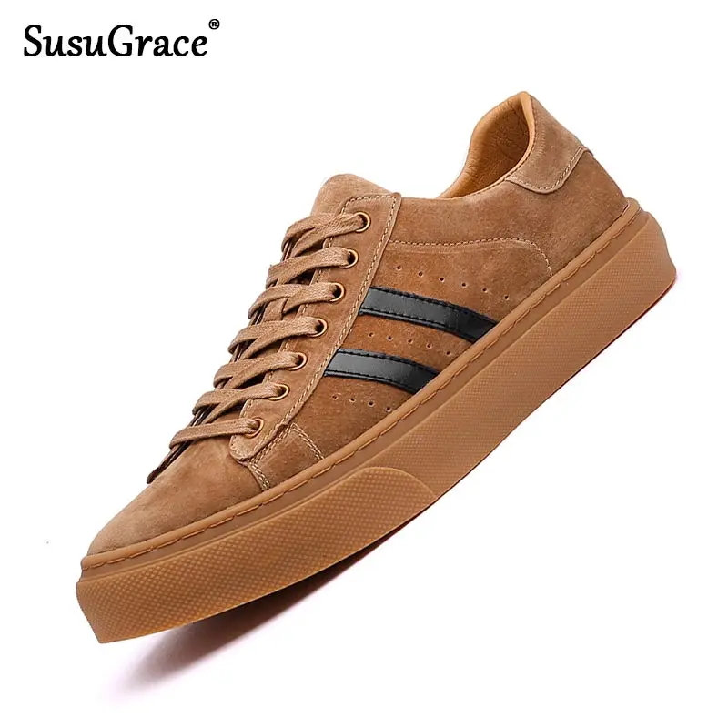 

SusuGrace Genuine Leather Men Shoes Quality Casual Breathable Lace-up Sneakers Non-Slip Soft Flats Vulcanized Shoes For Mans New