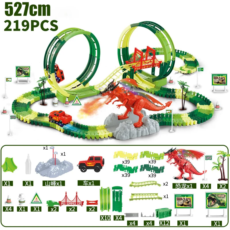 

Sprayable Dinosaur Flexible Track Car Toys Children Racing Bend Rail Track Led Electronic Flash Light Car DIY Toy For Kids Gift