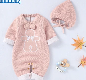 

Baby Romper with Hat, Cartoon Bear Print Round Neck Long Sleeve Jumpsuit and Solid Color Hat for Kids
