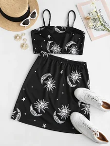 Сексуальная Женская одежда, шикарный богемный принт, комплект из двух предметов, топ на бретельках, укороченный топ, мини юбка, Клубная одежда, летние комплекты для женщин