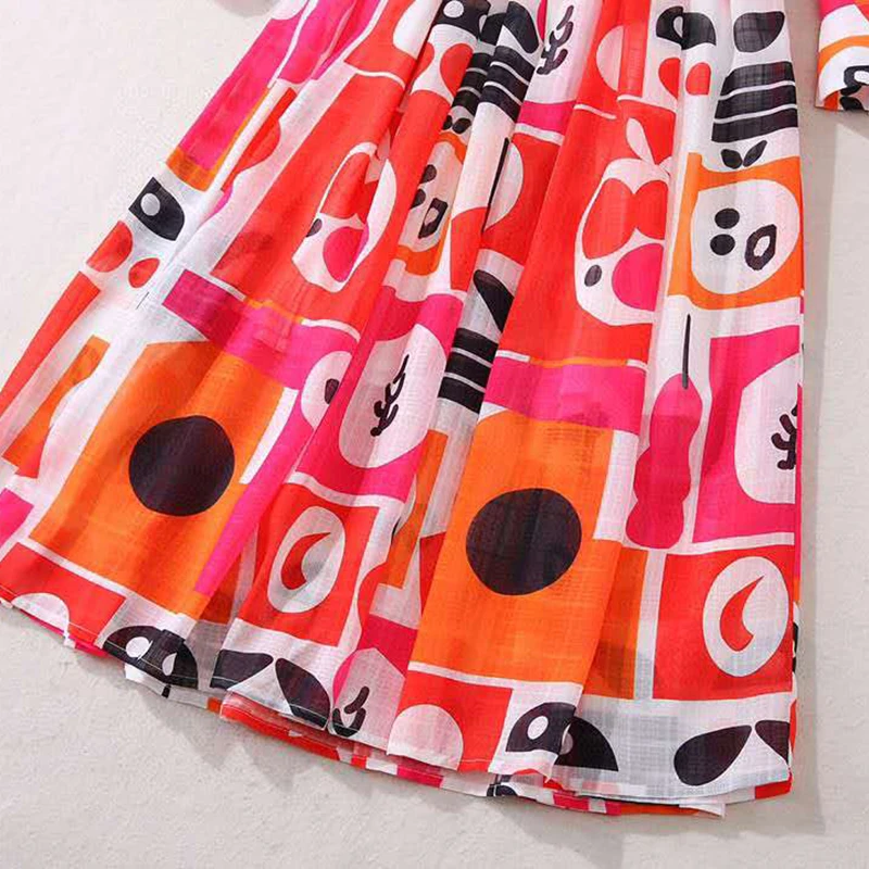 

Women Dress Designer Ladies Long Sleeve Autumn Shirt Dress Turn-Down Collar Contrast Color Print Holiday Jacquard Dress