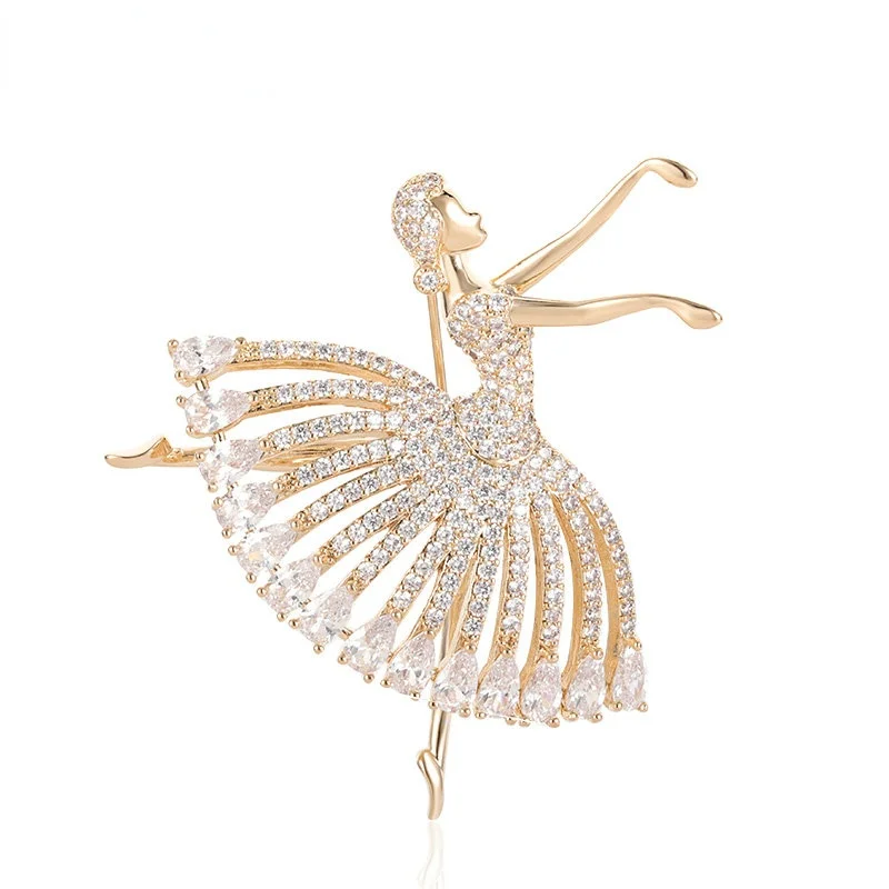 

Blucome Exquisite Elegant Ballerina Girl Copper Brooch Pins Shiny Full Rhinestone Gold Silver for Girls Women Hijab Pins