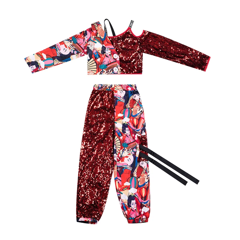 

Sequins Girls Long Sleeve Performance Chinese Style Dancing Top Pants Shorts Stage Costumes for Kids Jazz Dance Costumes XS1076