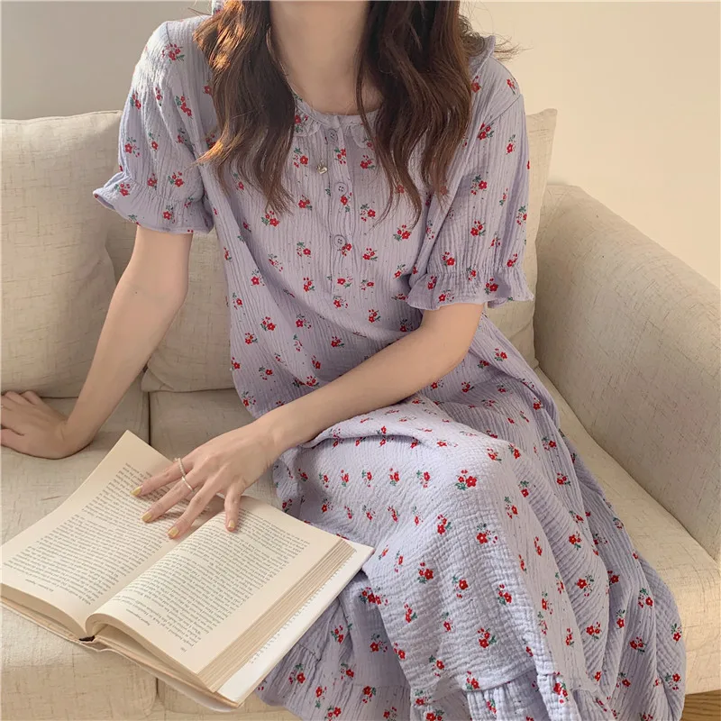 

Alien Kitty Printed Chic Florals Sleepwear Girls Homewear Dress 2021 New Pajamas Loose Cotton Sweet Princess Summer Nightdress