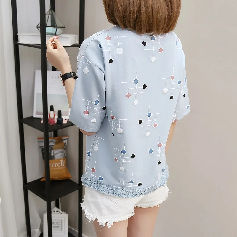 2021 женская летняя футболка свободного кроя с принтом в горошек кисточками