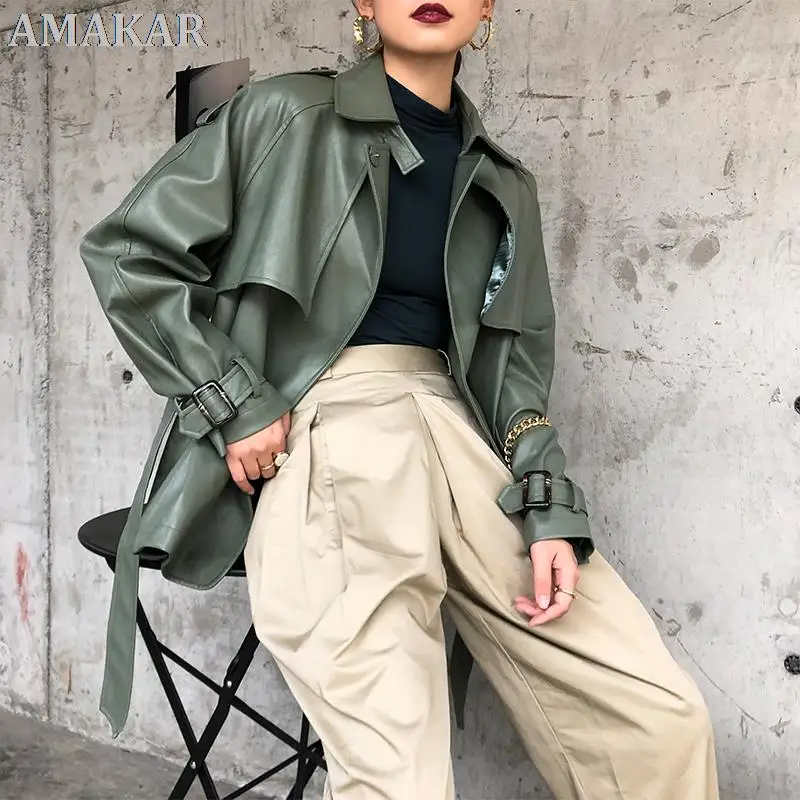 

New Spring Autumn Women Faux PU Leather Casual Streetwear Outwear Motorcycle Leather Jacket with Belt Green Biker Coat