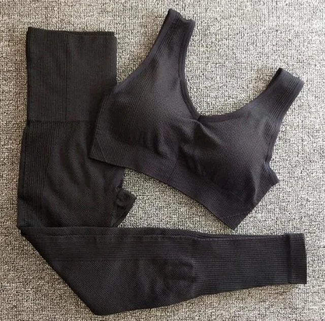 Black 2PCS Set Новинка, 2 шт., бесшовный комплект для йоги, женская одежда для фитнеса, спортивная одежда, женские леггинсы для спортзала+ спортивный бюстгальтер с пуш-ап, спортивные костюмы для бега - Цвет: Black 2PCS Set