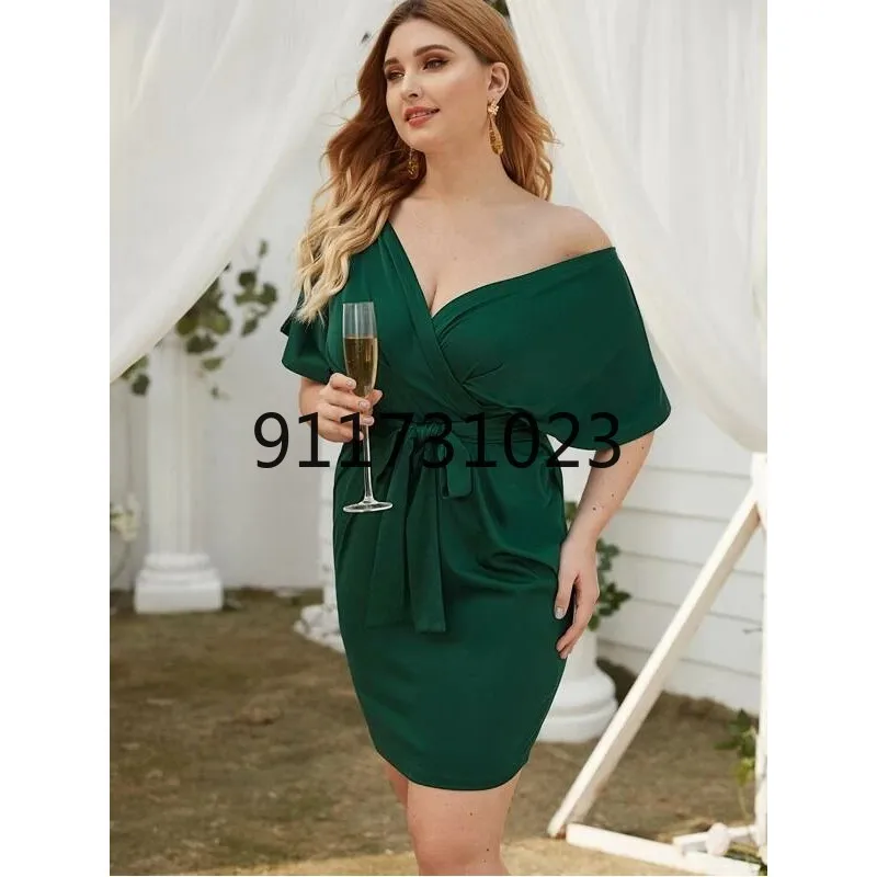 L-5XL Plus Size Women V-neck Bodycon Dress Sexy Club Evening Party Green Short Sleeve Summer Vestido Office Work Wear Modest |