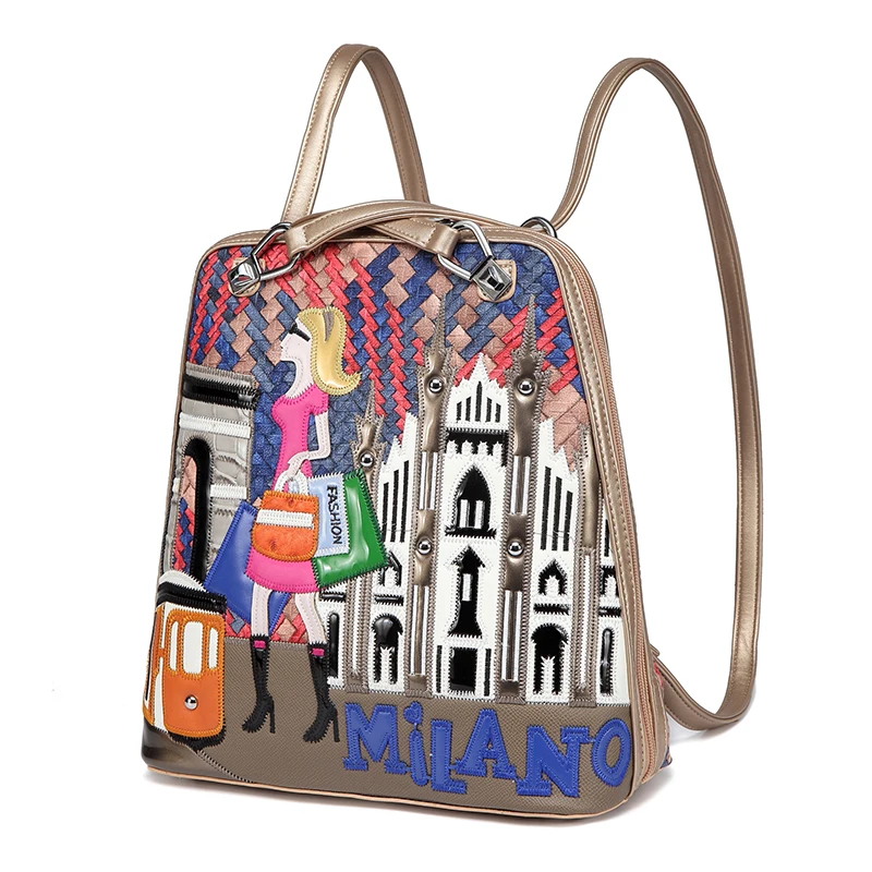 Women Bags Leather Patchwork Embroidery Backpack Girl Schoolbag Student Bag Female Travel Bag Braccialini Style Shopping Girl
