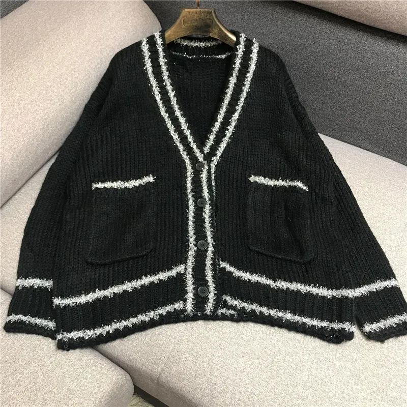 Роскошный дизайнерский брендовый вязаный кардиган для женщин Causel с v-образным вырезом Яркий шелковый лоскутный свободный черный вязаный свитер