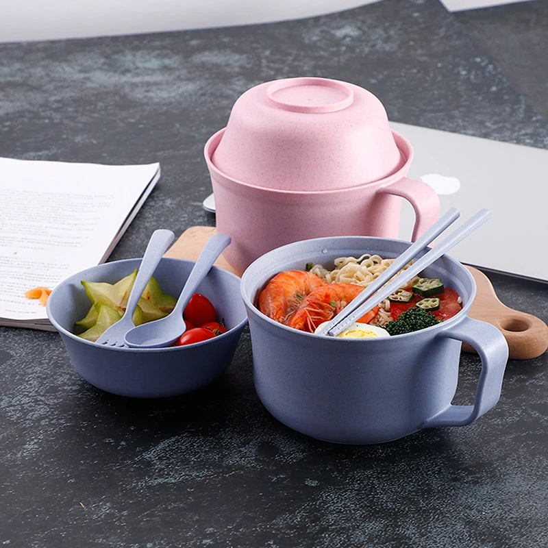 

1Pcs/Set Instant Noodles Bowl with Lid Handle Dinnerware Wheat Straw Japanese Style Soup Ramen Microwaveable Set Soup Bowls
