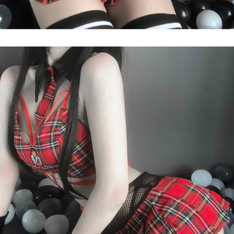 

Japanese Students Sexy Cosplay School Girl Uniform Hot Sexy Straps Top Mini Pleated Plaid Skirt Deep V Temptation Underwear Set