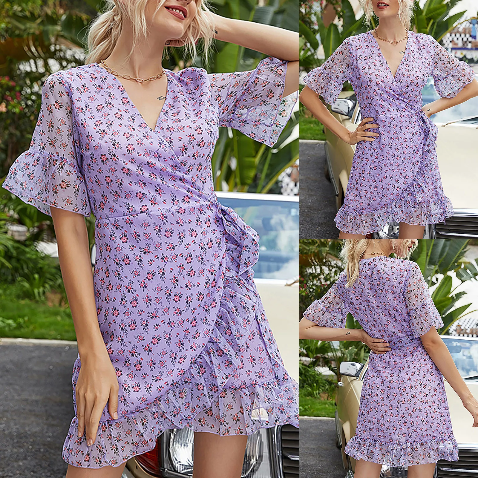 

Sagace V-neck printed Pleated Dress short sleeve women's floral skirt European and American Style Sexy Beach Women's wear