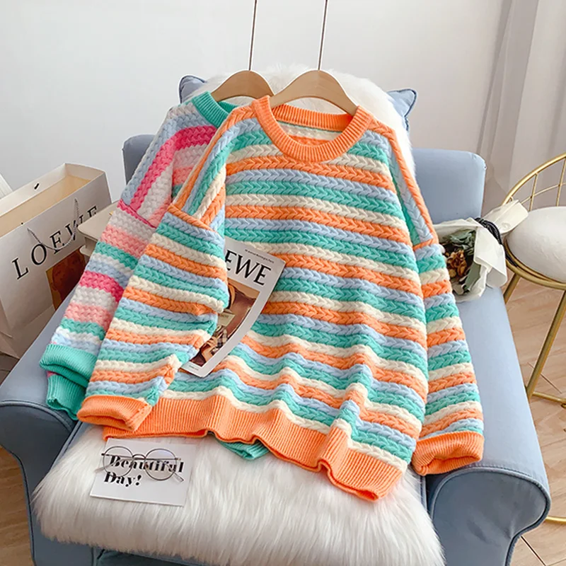 

EBAIHUI Autumn Winter Knit Striped Sweater Women Leisure Pullovers Loose Warm Jumper Colorful O Neck Fashion Teen Girl Knitwear