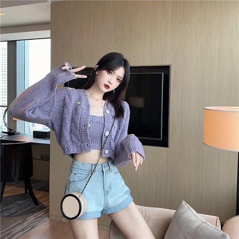 2019 Autumn Solid Knitted Cardigan Casual Lantern Sleeve Two Pieces Sweaters Single-Breasted Short Sweater Jacket |