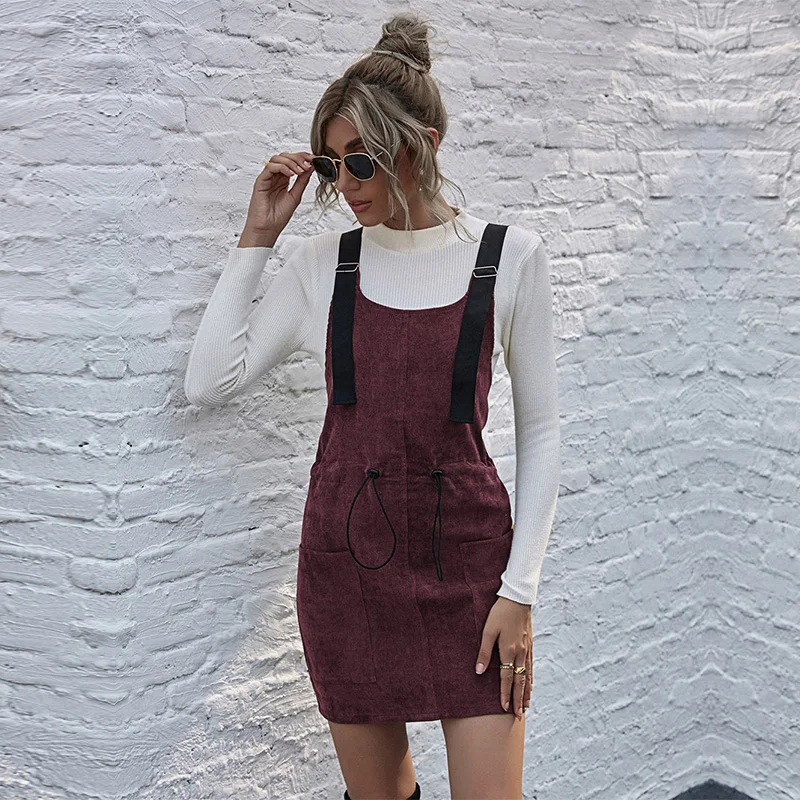 

Spring New Corduroy Sling Dress Women Wild Casual Pocket Elastic Waist Party Dress For Women 2021 Sweet Mini Dress
